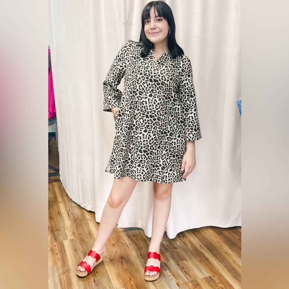 Jodifl Oatmeal Leopard Print A-Line Cotton Shift Dress H42037